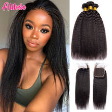 ALIBELE HAIR Yaki Kinky Straight Human Hair Bundles With Closure 10-30 inch Brazilian Hair Weave 3 4 Bundles with Lace Closure 2024 - buy cheap