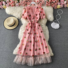 Vestido morango com lantejoulas, bordado, plissado, maxi vestido feminino, verão, manga bufante, laço de malha de tule rosa, vestido longo 2024 - compre barato