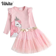 VIKITA-Camiseta de algodón de unicornio para niña, ropa de manga larga y lentejuelas, minifaldas de tul, otoño y primavera 2024 - compra barato