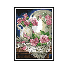 Diy handmade needlework conjuntos vaso e rosa padrões 14ct 11ct bordado kits contados impresso em tela kits de ponto cruz artesanato 2024 - compre barato