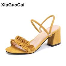 Sandalias de Punta abierta para mujer, zapatos de tacón cuadrado alto para mujer, tacones para chicas, calzado de Plisado elegante, novedad 2024 - compra barato