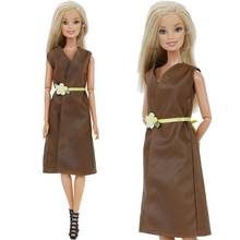 Fashion Brown Dress with Flower Belt + Balck High Heel Shoes Casual Wear Dollhouse Clothes for Barbie Doll Accessories Kids Toy 2024 - buy cheap