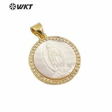 MP112 WKT 18*18mm white shell metal pendant religion round shape virgin Mary pendant with cz around pave 2019 new arrival 2024 - buy cheap