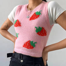 Kawaii suéter sem mangas de malha morango y2k, regata de malha top curto gola redonda doce rosa suéter feminino tops coreanos 2024 - compre barato