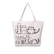 Women Canvas Handbag Cartoon Cat Printed Shoulder Bag Female Large Capacity Ladies Beach Bag Women Canvas Tote Shopping Handbags 2024 - buy cheap