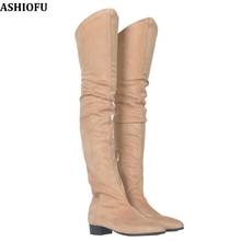 ASHIOFU-Botas por encima de la rodilla hechas a mano para mujer, Botines altos hasta el muslo, sexys, de tacón plano, para fiesta de graduación, de noche, a la moda, novedad, Invierno 2024 - compra barato