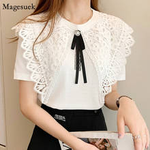 Blusa holgada de manga corta con cuello vuelto para mujer, camisa elegante de estilo coreano con encaje calado, color blanco, talla grande, 14257 2024 - compra barato