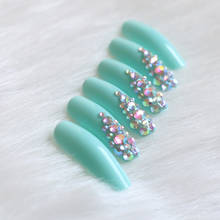 24pcs high-end fashion handmade crystal diamond long flat false nails light blue 2024 - buy cheap