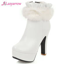 Lasyarrow Fashion Winter High Heel Boots Ruffles Fur Designer Womens Party Bride Wedding Shoes Red White Platform Ankle Boots 2024 - buy cheap