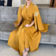 yellow prom dresses 2020 v neck long sleeve satin front slit a line satin evening dresses formal dresses 2024 - buy cheap