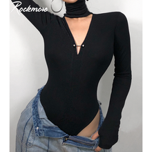 Rockmore Sexy Deep V Neck Hollow Out Skinny Rompers Turtleneck Long Sleeve Jumpsuit Bodysuit Black Body Suit Femme Top Fashion 2024 - buy cheap