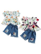 New Girl's Clothing Set, Flower Print Flying Sleeve Tops and Denim Shorts Two-piece Suit for Vacation Birthday Party 2024 - buy cheap