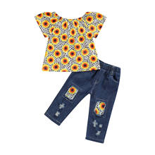 2Pcs Fashionable Little Girls Outfit, Sweet Style Sunflower Printing Leopard Print Short Sleeve Top + Long Ripped Trousers Set 2024 - buy cheap