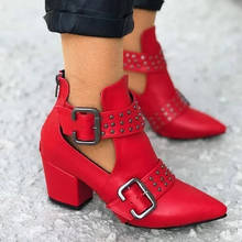 Women's  boots Vintage Hollow ankle boots Pointed Toe rubber boots Square heel gothic shoes punk red boots 889 2024 - buy cheap