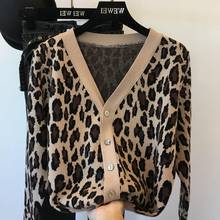 V Neck Women Single Breasted Leopard Print Cardigan 2021 Long Sleeve Sweater Spring Autumn Knitted Loose Oversized Jumper Casual 2024 - buy cheap