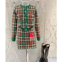 2 2021 Autumn Women Piece Set Elegant Green Plaid O-Neck Cardigan Pearl Button Short Jacket A-Line Mini Skirt Vintage 2024 - buy cheap
