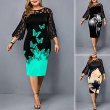 2021 Hot Sales!! Women Knee-length Dress O Neck 3/4 Sleeve Floral Print Mesh Patchwork Bodycon Dress for Party 2024 - buy cheap