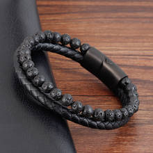 Punk Men Jewelry Natural stone Beaded Bracelet Black Braided Leather Bracelet Stainless Steel Magnetic Clasp Fashion Bangles 2024 - buy cheap