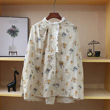 Japan Style Mori Girl Literary Lace Stand Collar Blouse Double Cotton Yarn Vintage Print Long Sleeve Shirt Women 2024 - buy cheap