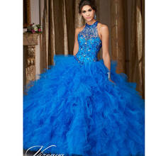Royal Blue Cheap Quinceanera Dresses Ball Gown Halter Organza Ruffles Beaded Crystals Sweet 16 Dresses 2024 - buy cheap