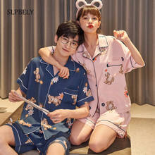 Slpbly conjunto de pijamas de casal, pijama xadrez lindo de manga curta com lapela para homens e mulheres 2024 - compre barato