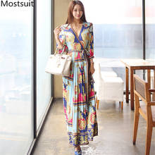 2020 Summer Korean Elegant Printed Long Maxi Dress Women V-neck 3/4 Sleeve Fashion Beach Holiday Vintage Dresses Vestidos Femme 2024 - купить недорого