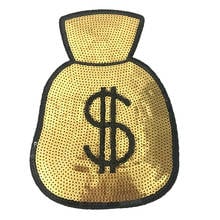 7x10 inch New Custom Gold Money Bag Sequined Iron on Patches for Clothes Jeans Dollar Bag Sequins Embroidery Appliques 2020 DIY 2024 - buy cheap