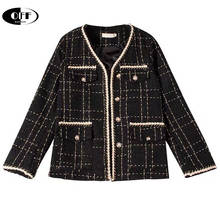 Chaqueta de Tweed de diseño para mujer, abrigo negro con cuello en V, manga larga de un solo pecho, cárdigan elegante, chaquetas informales a cuadros, abrigos, ropa para mujer 2024 - compra barato