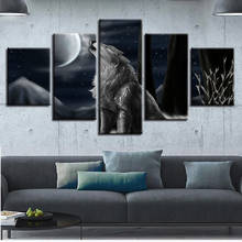 Paisagem fotos decoração da sala de casa arte da parede 5 peças lobo animal uivo na lua noite pintura hd cópias quadro modular lona cartaz 2024 - compre barato