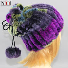 Genuino de las mujeres naturales gorros de piel de conejo Rex de invierno de piel de conejo Rex sombrero gorros de señora a la moda y bufanda de doble uso gorros con pelo 2024 - compra barato