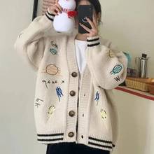 Цельный весенне-осенний Свободный вязаный кардиган, женский милый японский свитер, куртка, Модная вязаная куртка с вышивкой 2024 - купить недорого