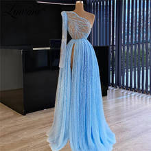 Lowime Blue Dubai One Shoulder Party Dresses Beads A Line Prom Dress Long Sleeve Arabic High Split Side Middle East Evening Gown 2024 - buy cheap
