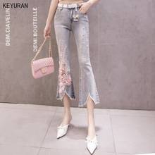 Women Destoryed Flare Jeans High Waist Sequins Embroidery Flowers Pearl Beading Denim Pants 2021 Spring Summer Holes Trousers 2024 - buy cheap