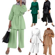 Women Muslim Summer 2Pcs Outfits Set Long Sleeve Belted Tunic Tops Wide Leg Loose Pants Solid Color Dubai Kaftan Hijab 2024 - buy cheap