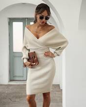 Women's 2020 autumn and winter long-sleeved one-neck bat-sleeve halter two-piece knit sweater bag hip sweater dress 2024 - buy cheap