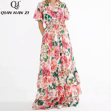 Qian Han Zi 2020 new summer designer beach maxi dress Women's V-neck pink elegant flower print ruffled slim bohemian long dress 2024 - buy cheap