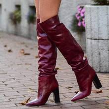 Wine Red Slouch Knee High Boots Chunky High Heels Pointed Toe Pleated Leather Winter Shoes Clear Designer Custom Made Zip Up 2024 - buy cheap