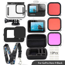 Набор для Gopro Hero 9 черный водонепроницаемый корпус + закаленная пленка + силиконовый чехол + крышка объектива + фильтры + коробка для хранения комплект аксессуаров 2024 - купить недорого