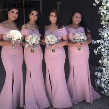 Ready Ship Mermaid Bridesmaids Dresses Long Satin Of the Shoudler Bridesmaid Dress Sleeveless Split Side for Wedding Party 2024 - buy cheap