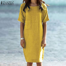 ZANZEA-vestido de verano de manga corta hasta la rodilla para mujer, traje elegante de color liso con Bolsillos y cuello redondo, 2021 2024 - compra barato