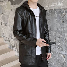 Spring Men`s Hooded Jacket With Leather PU Motorcycle Faux Leather Slim Fit Hoodie Jacket With Hood For Male 2024 - buy cheap