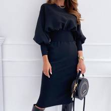 Elegant Women Dress Solid Color Long Sleeve O Neck Dress for Women Waist Tight Knee-Length Dress Women Midi Dress Vestidos Femme 2024 - buy cheap