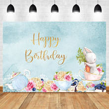 Mocsicka chá festa feliz aniversário fotografia backdrops bonito coelho branco chá conjunto festa de aniversário foto fundo azul pano de fundo 2024 - compre barato