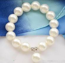 Free Shipping   14mm WHITE SOUTH SEA SHELL PEARL Stretch BRACELET PENDANT 8inch @^Noble style Natural Fine jewe SHIPPING new 2024 - buy cheap