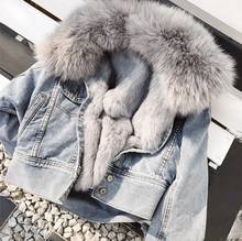 Натуральный Лисий мех, толстые теплые джинсовые парки, женская зимняя мода, бисероплетение, подкладка из натурального кроличьего меха, съемная меховая подкладка, теплое пальто F504 2024 - купить недорого