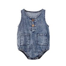 Macacão jeans sem mangas para bebês, roupas casuais para crianças recém-nascidas meninos e meninas, com bolso de botão 2024 - compre barato