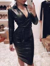 Fashion Sexy Women Solid Casual V Neck Jumper Dress PU Leather Autumn Long Sleeve Bodycon Midi Dresses 2024 - buy cheap