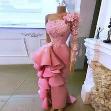 Vestidos De Fiesta rosa De un hombro, apliques De encaje De Arabia Saudita, vestidos De noche con cuentas fruncidas De satén, bata De cola De barrido 2024 - compra barato