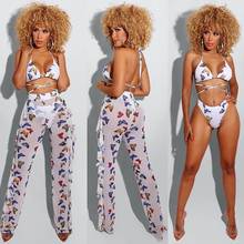Sexy  Print Mesh Sheer Pants Bikini Cover-ups Women Swimwear Fashion High Waist Ruffles See Through Pants Beachwear 2024 - buy cheap