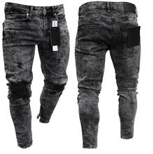 Мужские байкерские джинсы, потертые Стрейчевые рваные джинсы в стиле хип-хоп, облегающие джинсы с дырками, хлопковые брюки, джинсы на молнии 2024 - купить недорого